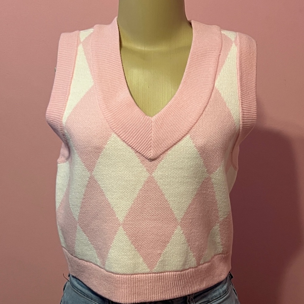 Pink and White Argyle Knit Vest
